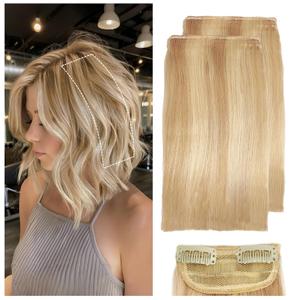 2 Pcs Short Hair Extensions, Human Hair Clip in Extensions for Women 6 inch Dark Blonde Mixed Bleach Blonde