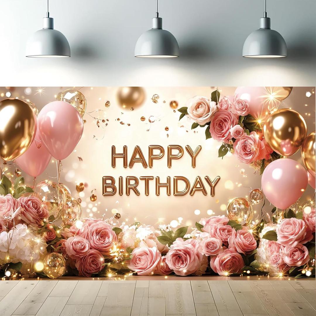 Birthday Backdrop Happy Birthday Backdrop for Women 71 x 43 Inch Polyester Birthday Party Wall Backdrop Photo Booth Background Banner for Woman Decorations (Rose Gold)