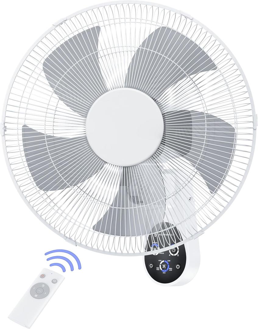 Mirdred Wall Mount Fan, 16 Inch 5 Blades 5 Speeds Wall Fan with Remote Control, 90 Degree 8 Hour Timer Oscillating Fans for Bedroom Home Kitchen (Dark White)
