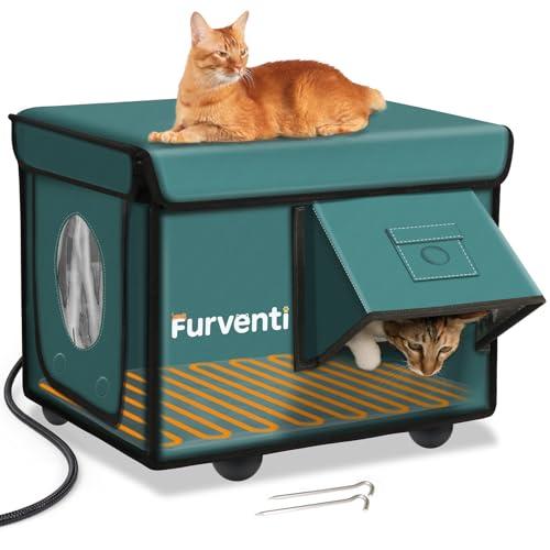 Heated Cat House for Outside with Dual Doors, Insulated Cat House Outdoor with Heating Pad, Weatherproof Heated Outdoor Cats Houses Waterrproof for Feral Cats (Deep Green, 17" L x 12" W x 13" H)