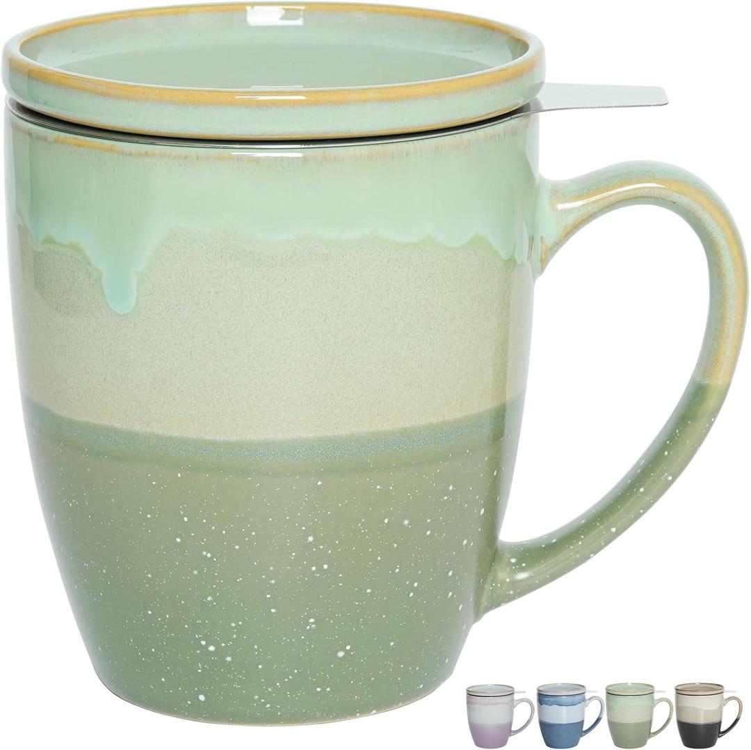 Bosmarlin Ceramic Tea Cup with Infuser and Lid, 16 Oz, 4 Colors to Choose, Dishwasher and Microwave Safe, Steeping Tea Mug with Strainer, Reactive Glaze, (Green)