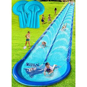 Slip and Water Slide for Kids and Adults Backyard 32ft with Extra-Large Inflatable Guard Rails and Dual Way Water Sprayers,Heavy Duty and Extra Long Design with Two Inflatable Bodyboards.