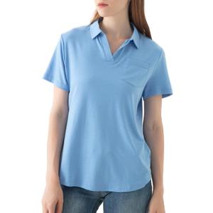 Women's V-Neck Ruffle Design Polo Shirts Short Sleeve Collared Loose Casual Tunic Blouses with Pocket (Light Blue)