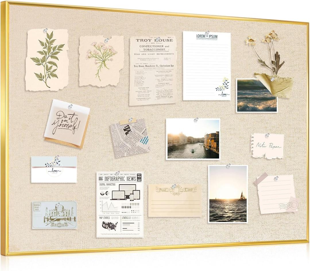 DOLLAR BOSS Bulletin Board with Linen 36'' x 24'' with Golden Aluminum Frame, Fabric Cork Boards for Walls, Decorative Pin Board for Office Home Caf, Beige Brown