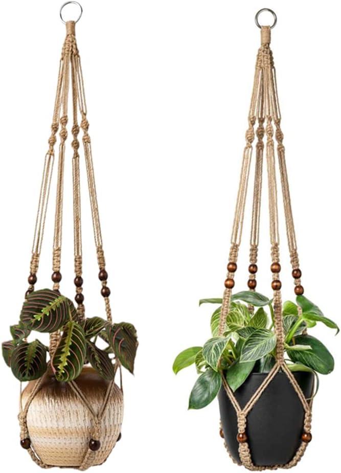 Macrame Plant Hangers Indoor 36'' Hanging Planter Basket Flower Pot Holder with Beads No Tassels.Brown 2 Packs 4 Pcs Hooks
