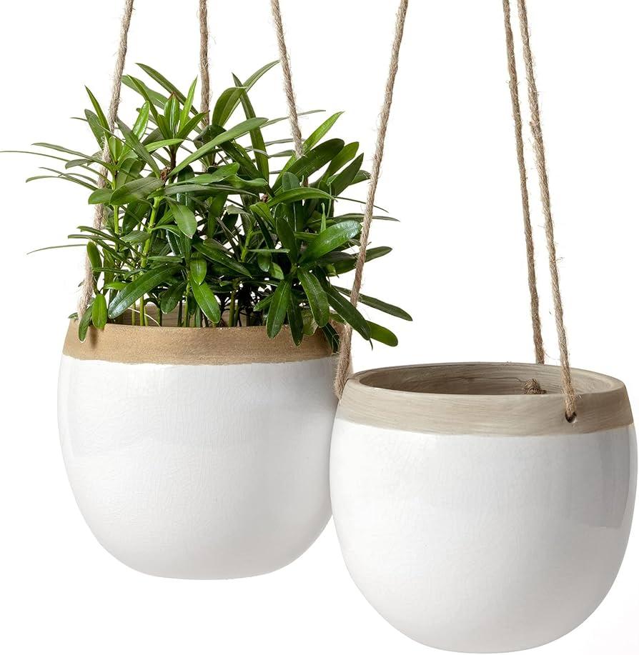 Hanging Planter, Pots, Ceramic Round,Rope Hanger, Indoor outdoor