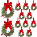 12 Pcs Small Christmas Wreaths Real Touch 9.8 Inch Mini Kitchen Cabinet Wreaths with Bow Ribbon, Artificial Cedar Greenery & Berries for Xmas Front Door Window Fireplace Farmhouse Holiday Decoration