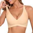Wireless Bras for Women Bralettes - Womens Seamless Low Cut Deep V Bra No Underwire Padded Tshirt Bras (Beige, M)