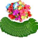 60Pcs Tropical Party Decorations Supplies Tropical Palm Leaves Hibiscus Flower Simulation Artificial Leaf for Hawaiian Luau Safari Party Jungle Beach Theme BBQ Birthday Parties Decorations Table Decor