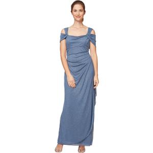 Alex Evenings Women's Long Cold Shoulder Dress, Mother of The Bride, Formal Events, Dusty Blue Glitter, 10 Petite (Blue)