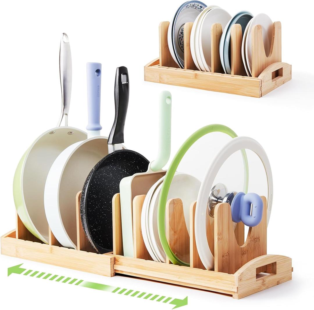 Pots and Pans Organizer under Cabinet, Pot Lid Organizer Bamboo Expandable with 10 Adjustable Dividers, Pan Holder Kitchen Storage Rack for Cutting Board, Baking Tray and Cookie Sheet