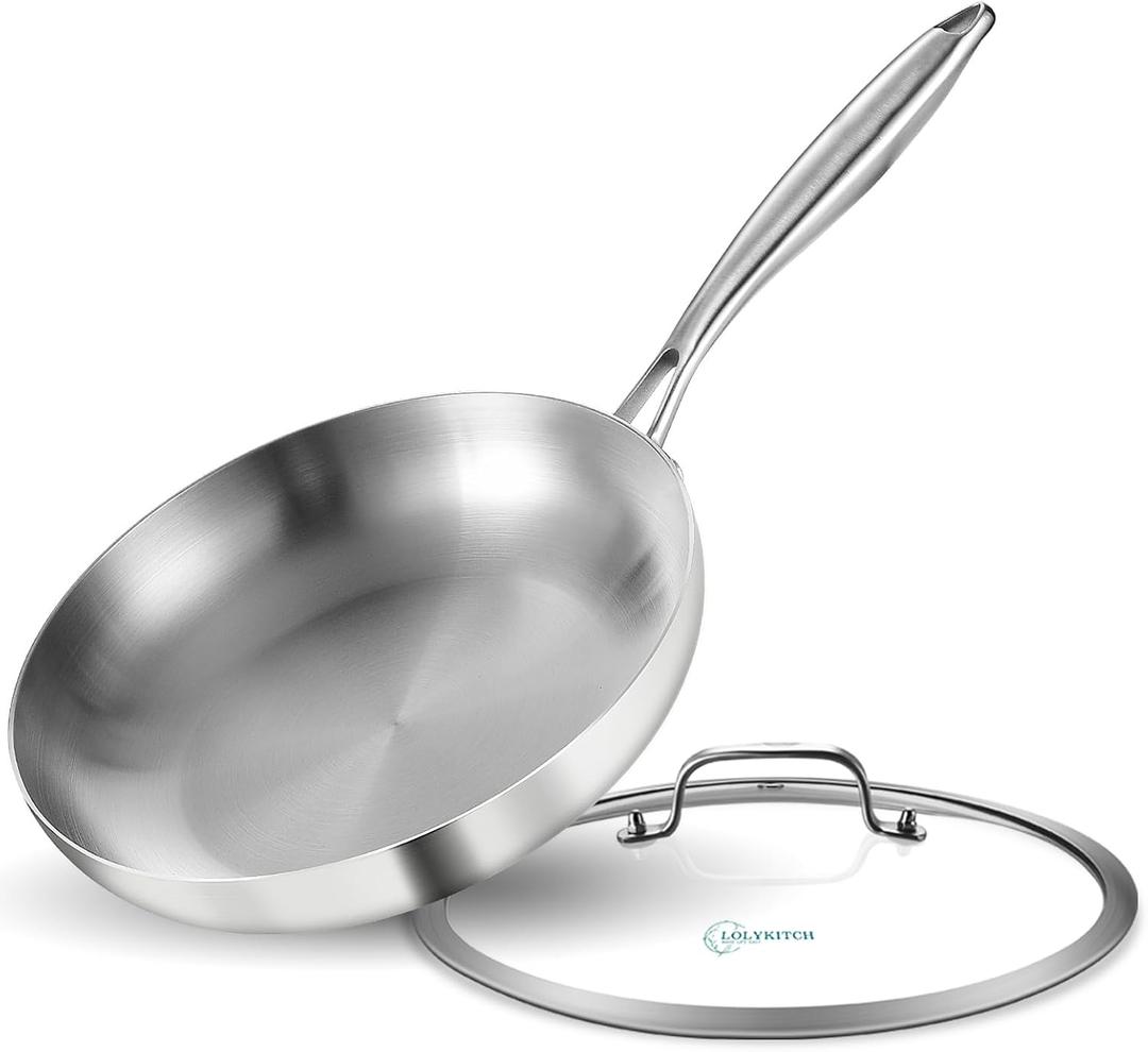 LOLYKITCH 10 Inch Tri-ply Stainless Steel Frying Pan with Lid,Skillet,Induction Cooking Pan,Dishwasher and Oven Safe,Detachable Handle.