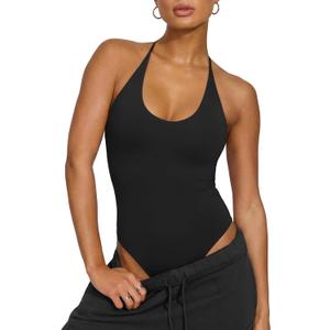 REORIA Bodysuits for Women Sexy Halter Tie Back Deep U Neck Bodysuit Backless Cami Tank Top (Black, XS)