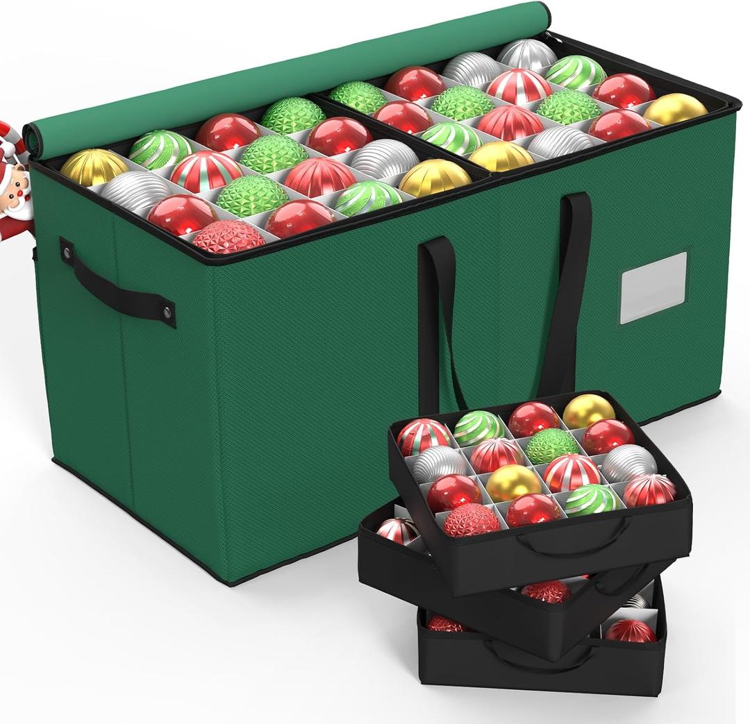 Christmas Ornament Storage Box With 8 Trays - Stores Up to 128 Holiday Ornaments, Christmas Storage Container with Side Pocket, Adjustable Dividers, Card Slot, Tear-Proof Fabric - Green