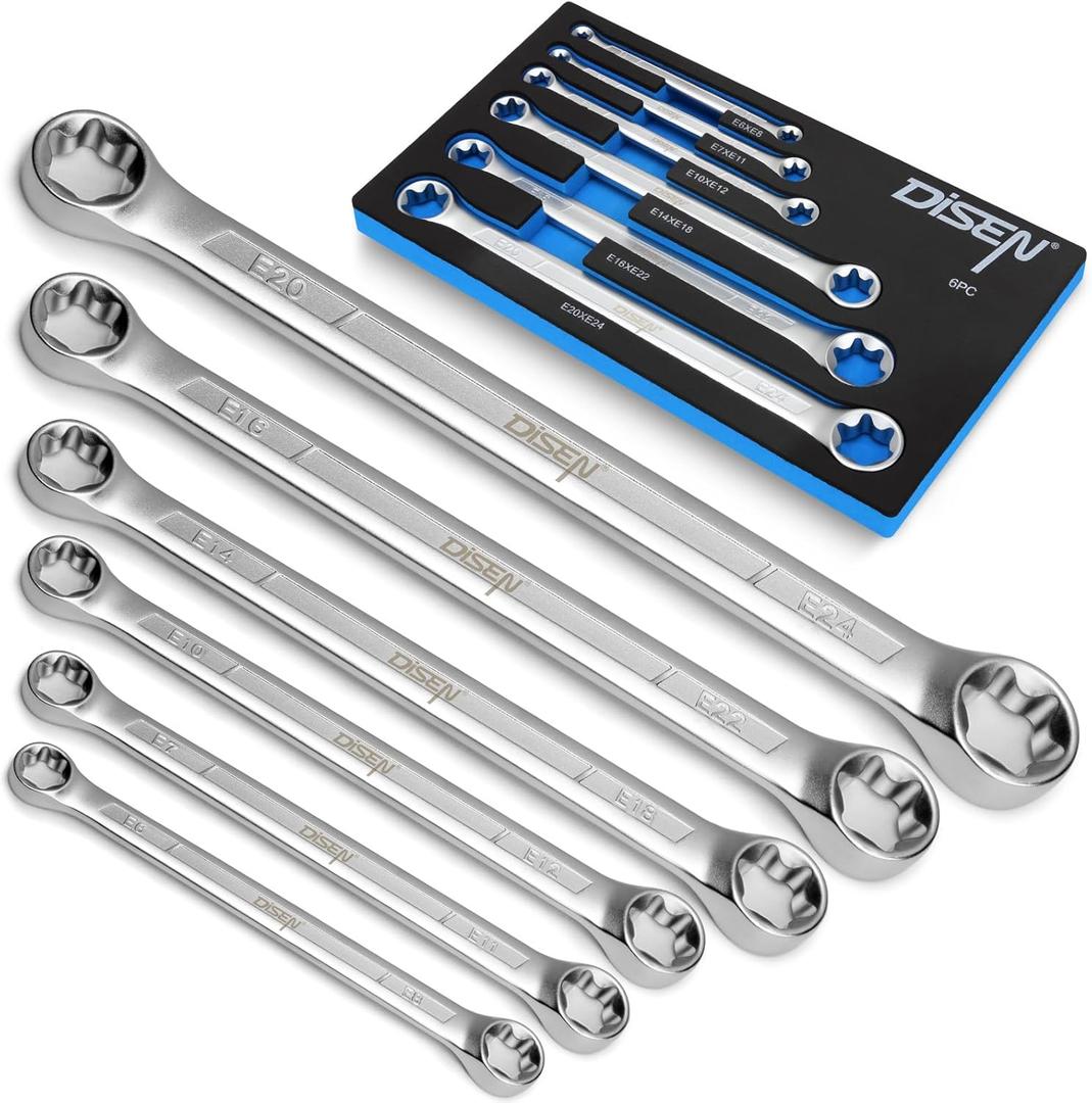 DISEN 6-Piece E-Torx Wrench Set, Double Box End Wrench Set, CR-V Steel, Spanner Set Including E6*E8, E7*E11,E10*E12, E14*E18, E16*E22 and E20*E24