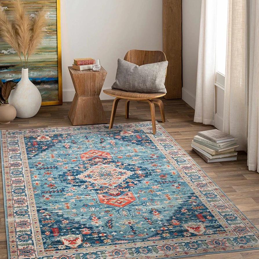 QBSM Washable Area Rug 6' x 9' Boho Entryway Rug Vintage Throw Rug Indoor Non-Slip Low-Pile Carpet Ultra Soft Rug for Living Room Bedroom Kitchen Laundry Room Office, Blue/Multi/Red