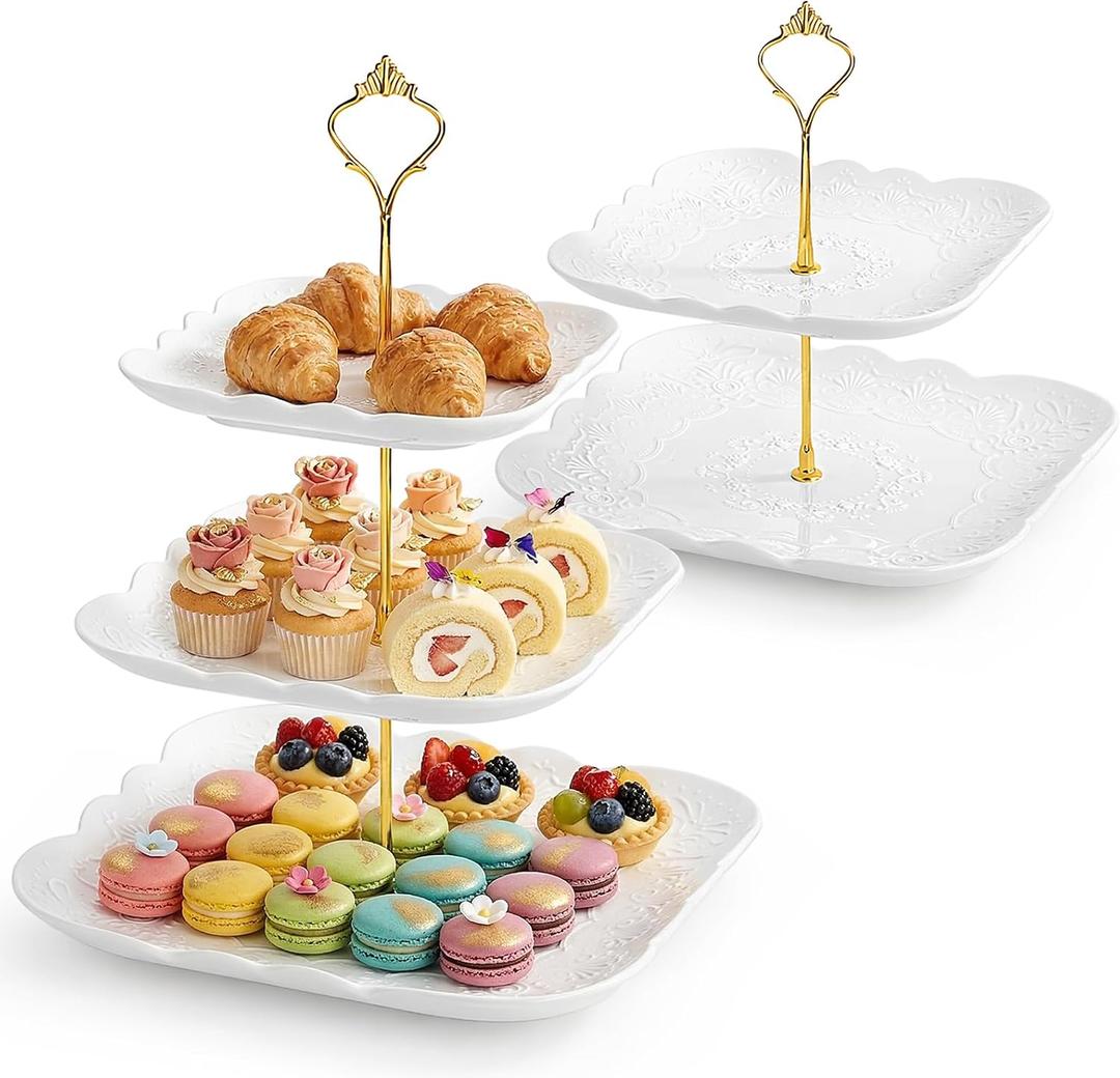SOUJOY Ceramic Cupcake Stand Set of 2, White Embossed Cupcake Display Holders with Gold Rod, 3 Tier and 2 Tier Square Porcelain Dessert Stands for Birthday Tea Party Wedding Baby Shower