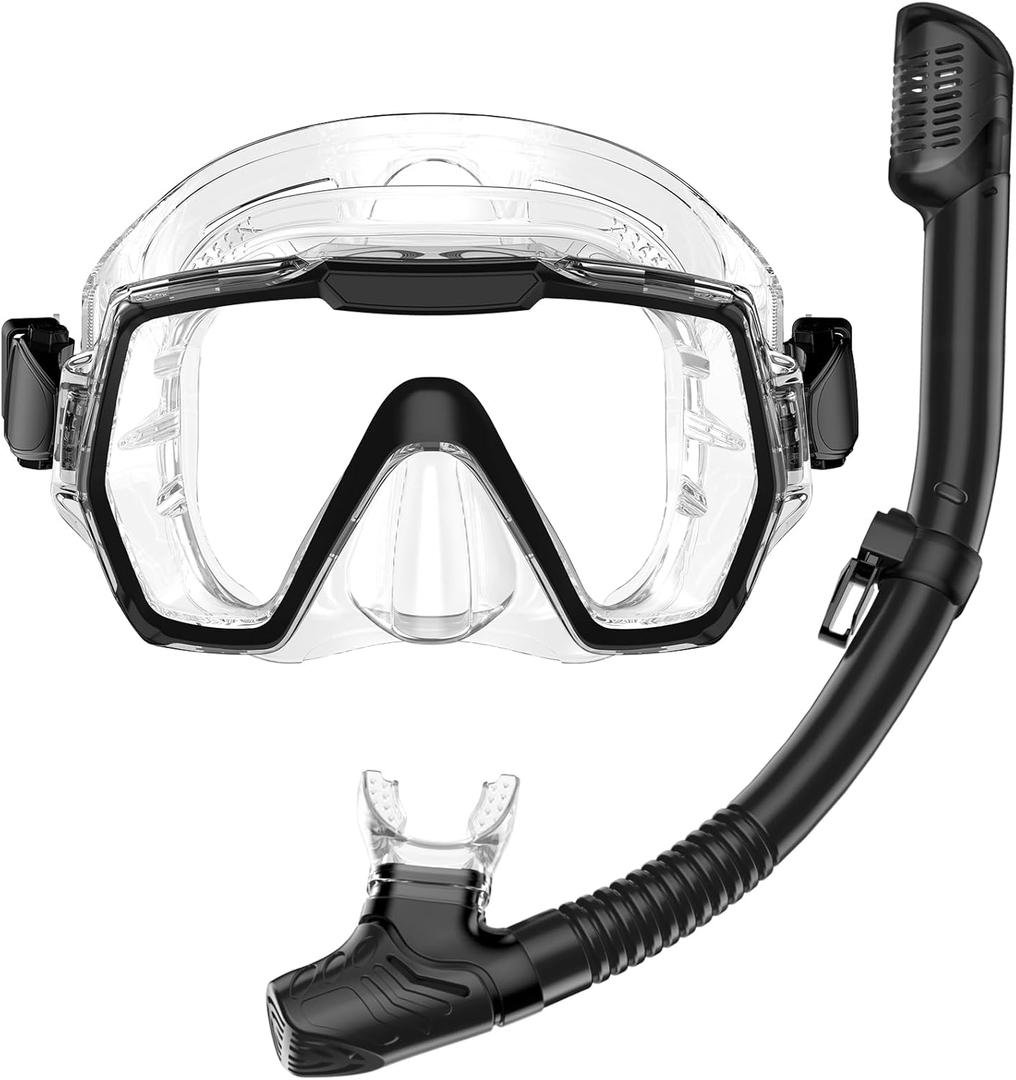 Snorkel Set Adults Snorkeling Gear Anti-Leak and Anti-Fog Tempered Glass Lens Panoramic View Swim Mask Dry Top Snorkel Kit for Snorkeling Scuba Diving Swimming Travel with Carry Bag (Black+Transparent)