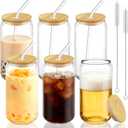 Drinking Glasses with Bamboo Lids and Straw 6pcs Set - 16oz Glass Cups, Iced Coffee Glasses, Cute iced Tea Glasses, Beer Glasses, Ideal for Coffee Bar Accessories, Aesthetic Gift - 2 Brushes