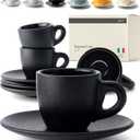 KIVY 3 oz Espresso cups set of 4 - Thick walled stoneware espresso cup set - Italian style cups and saucers - Demitasse cups set of 4 - Espresso mugs black - Coffee shot cups & saucers