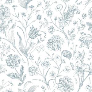 VEELIKE Sketch Blue and White Floral Peel and Stick Wallpaper Vintage Flower Wallpaper for Bedroom Nursery 17.7''x118'' Removable Toile Wall Paper Self Adhesive Contact Paper for Walls Shelves Cabinet