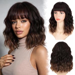 Lativ Dark Brown to Light Brown Wigs with Bangs Short Wavy Curly Wig for Women Shoulder Length 14 Inches Synthetic Resistant Hair for Daily Party Use