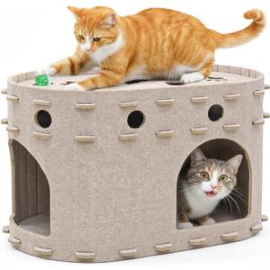 OurWarm Cat House for Indoor Cats, Large Felt Cat Bed with Cover, Cozy Cats Hideaway with Play Bell Compartment, Durable Indoor Hideaway Holds up to 14 lbs, Suitable for All Seasons
