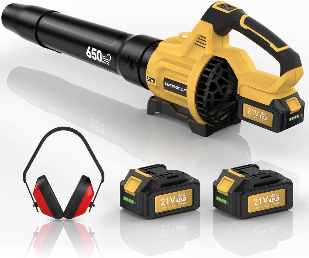 Leaf Blower Cordless,650 CFM & 160 MPH Electric Cordless Leaf Blower with 2 * 4.0Ah Batteries & Noise-Reduction Ear Muffs,3 Speed Powerful Blowing Ideal for Lawn Care, Blowing Leaves, Dust, Snow (Yellow)