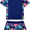 ADUKIDE Girls Rash Guard Swimsuit 2-Piece Bathing Suit UPF 50+ Summer Beach Swimwear Size 7-16T (11-12 Years, Floral Blue)