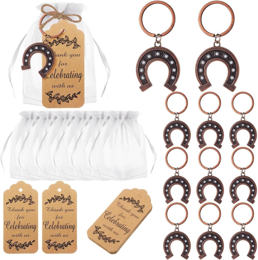20 Set Lucky Horseshoe Keychain Party Favor Bulk Western Cowboy Keyring Charm Accessories Kraft Tag Organza Bag for Guest Baptism Bridal Baby Shower Valentine Wedding Gift(Large,Retro)