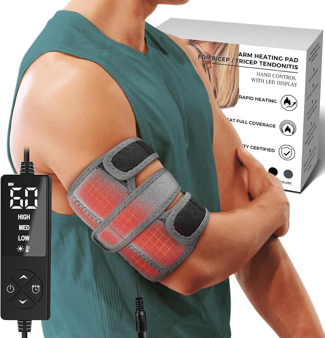 CREATRILL Upper Arm Heating Pad Sleeve, Heated Arm Brace for Bicep Tendonitis Muscle Strains, Gray, Large