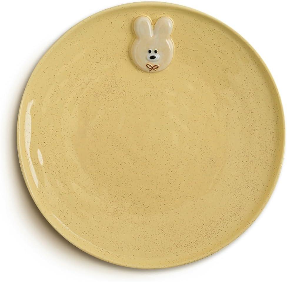Cute Bunny Dining Plate, Ceramic Serving 7" Round Plate. Cookie Style Safety Ceramic Dessert Appetizer Plates, Cute Small Salad Plate.