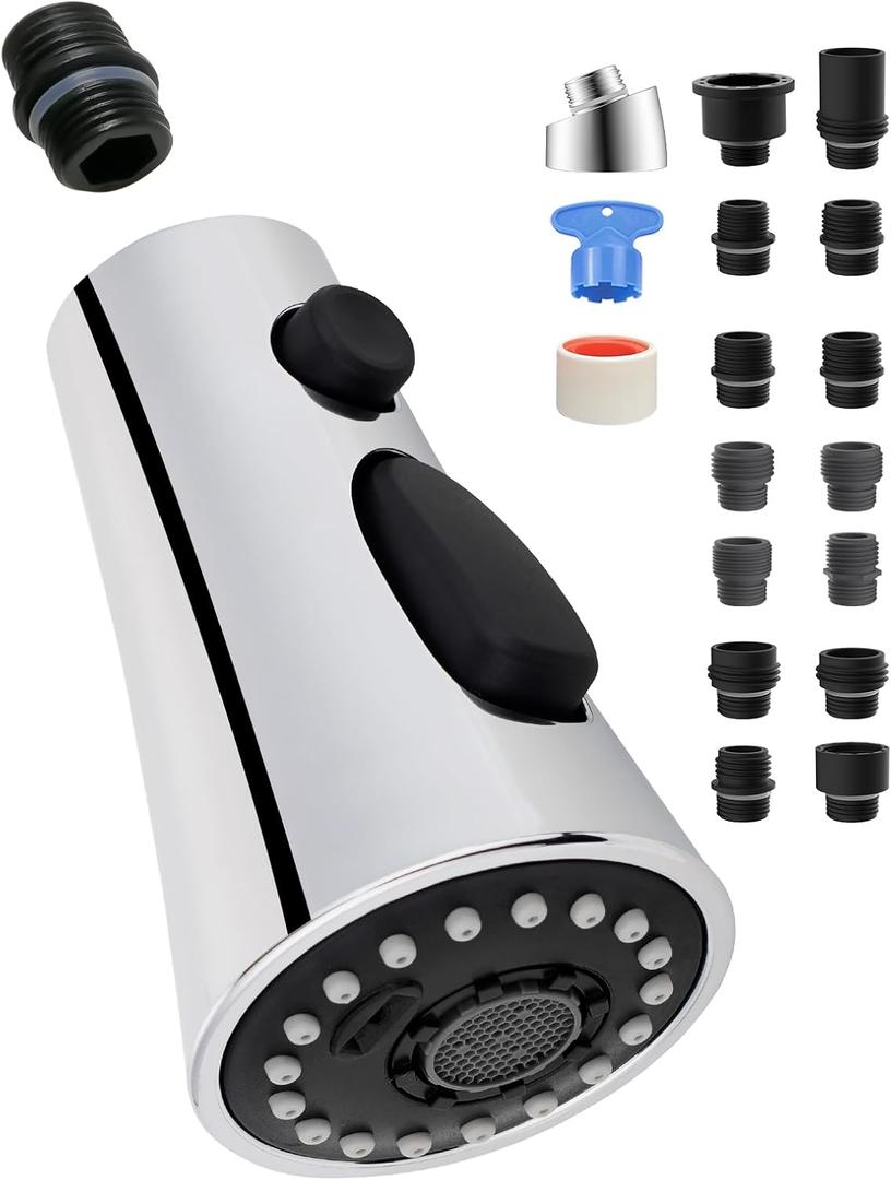 Universal Kitchen Faucet Head Replacement with 15 Adapter Kit Compatible with Kohler/Moen/Delta Faucet, 3 Function Pull Down Sink Faucet Spray Head, Chrome
