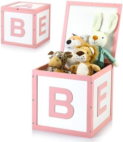 Chunful Wood Baby Shower Box ABC Display Box for Party Decorations with Alphabet Letters Personalized Shower Gifts Basket Party Blocks Backdrop for Boys and Girls (Pink,White)