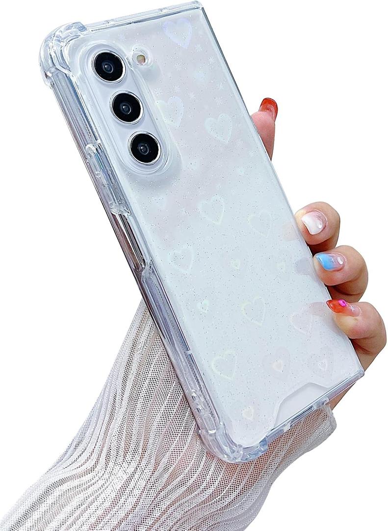 Compatible with Samsung Galaxy Z Fold 7 Case Clear Heart Women Girls Soft TPU Sparkle Glitter Shockproof Protective Phone Cover for Galaxy Z Fold 7 (Colorful Heart)