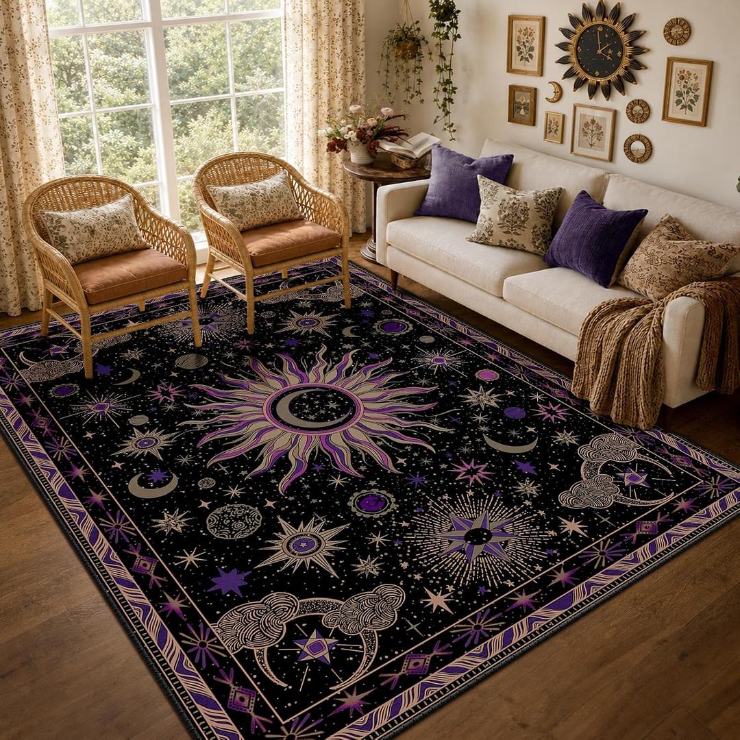 Vacuum-Friendly, 6x9 Washable Area Rug, Black Purple Beige