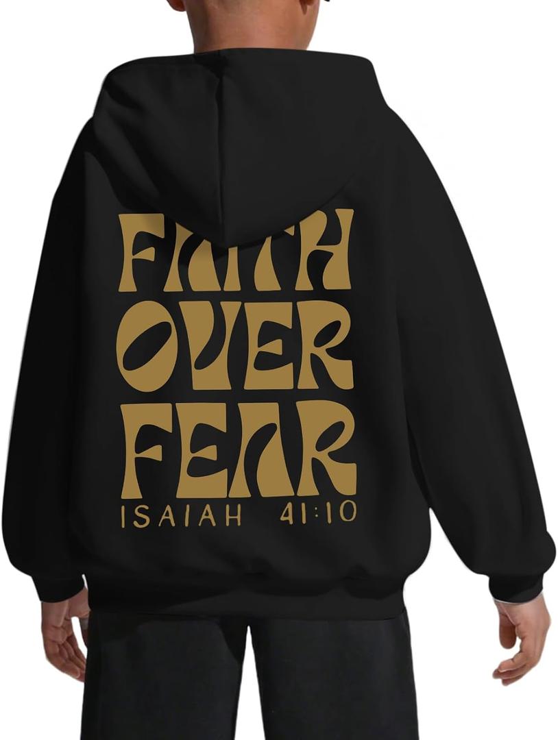 Boys Christian Faith Over Fear Hoodie Kids Religious Jesus Hoodies Inspirational Bible Verse Sweatshirt Teens Pullover (XXL)