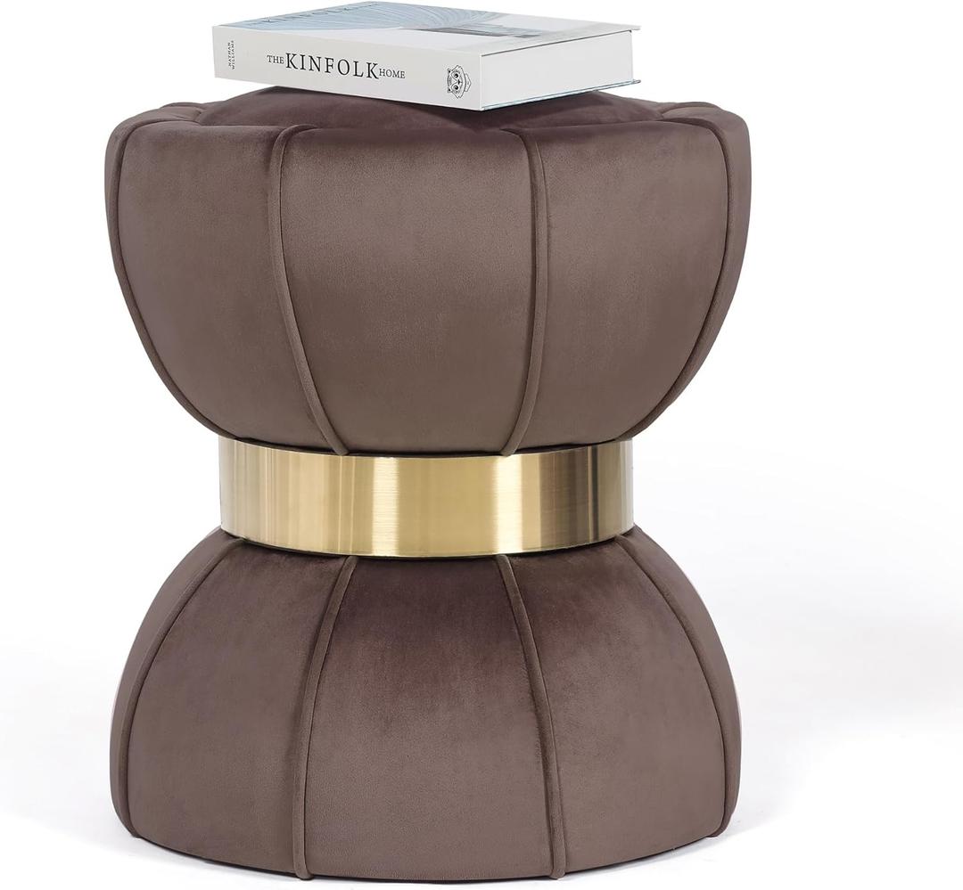 Joveco Unique Pouf Ottoman and Foot Rest - Elegant Hourglass Shape Design & Beautiful Gold Metal Band - Modern Foam Filled Velvet Upholstery Foot Stool Perfect Home Dcor (Brown)