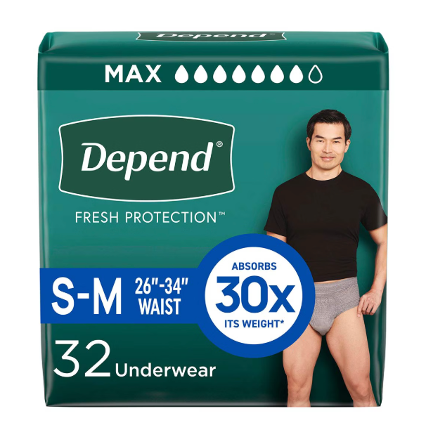 Depend Fresh Protection Adult Diapers, Incontinence Underwear for Men, Disposable, Maximum, Small/Medium, Grey, 32 Count
