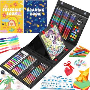 All in One Art Supplies, Art Kit Includes Origami & Paper-Cutting Crafts, Easel, Colored Pencils, Crayons, Drawing Book, Coloring Book, Watercolor Markers and More, Art Set for Kids Girls Boys, Black