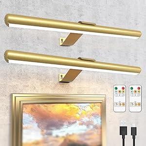 16inch 2 pack Picture Light with Remote Painting Light Dimmable Full Metal Led Picutre Light for Pictures Paintings Arts Dartboard Rechargeable Battery Operated Picture Lights on Wall 300LM