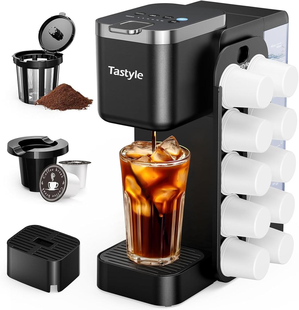 Tastyle Hot & Iced Coffee Maker with Magnetic K-Pod Organizer (Pods Not Included), Stores 10 Pods, 4-5 Cups Coffee Maker & Single-serve Brewer for K Cup & Grounds, 40oz Removable Water Tank, Black