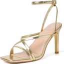 Mostrin Gold Strappy Heels for Women Open Square Toe Ankle Strap Stiletto Lace Up Heeled Sandals Sexy Comfort Dress Shoes Wedding Bridal Sandals Size, 7