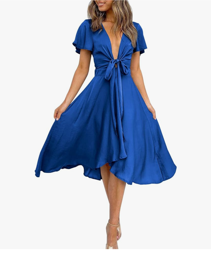 miduo Womens Satin V Neck Ruffle Short Sleeve Tie Front High Waist Midi A-Line Maxi Dresses Medium