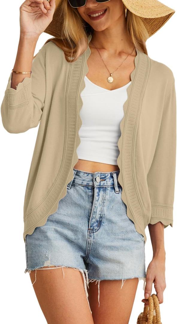 GRECERELLE Women's 3/4 Sleeve Summer Cardigan Lightweight Casual Open-Front Cropped Shrug Sweaters for Women (Brown, L)