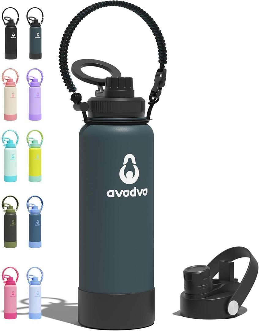 40 oz Insulated Water Bottle with 2 Lids (2-in-1 Straw & Spout Lid, Magnetic Lid), Slim Water Bottle with Strap, Stainless Steel Water Bottle for Hiking, Gym, Travel, BPA-Free, Indigo/Black