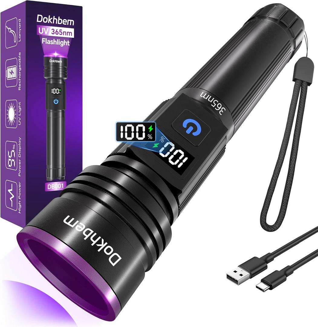 365nm UV Flashlight Rechargeable, Black Light Flashlight with LCD Display, Powerful Ultraviolet Lights for Pet Urine Detection, Resin Curing, Rockhounding, Scorpion, Uranium Glass, A/C Leak