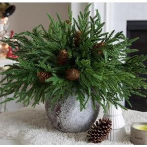 florisso Artificial Christmas Norfolk Pine Stems Branches for Vases,12 Bundles Faux Pine Branches with 5 PCS Big Pinecones Stems Fake Greenery Evergreen Real Touch for Holiday Winter Table Xmas Decor