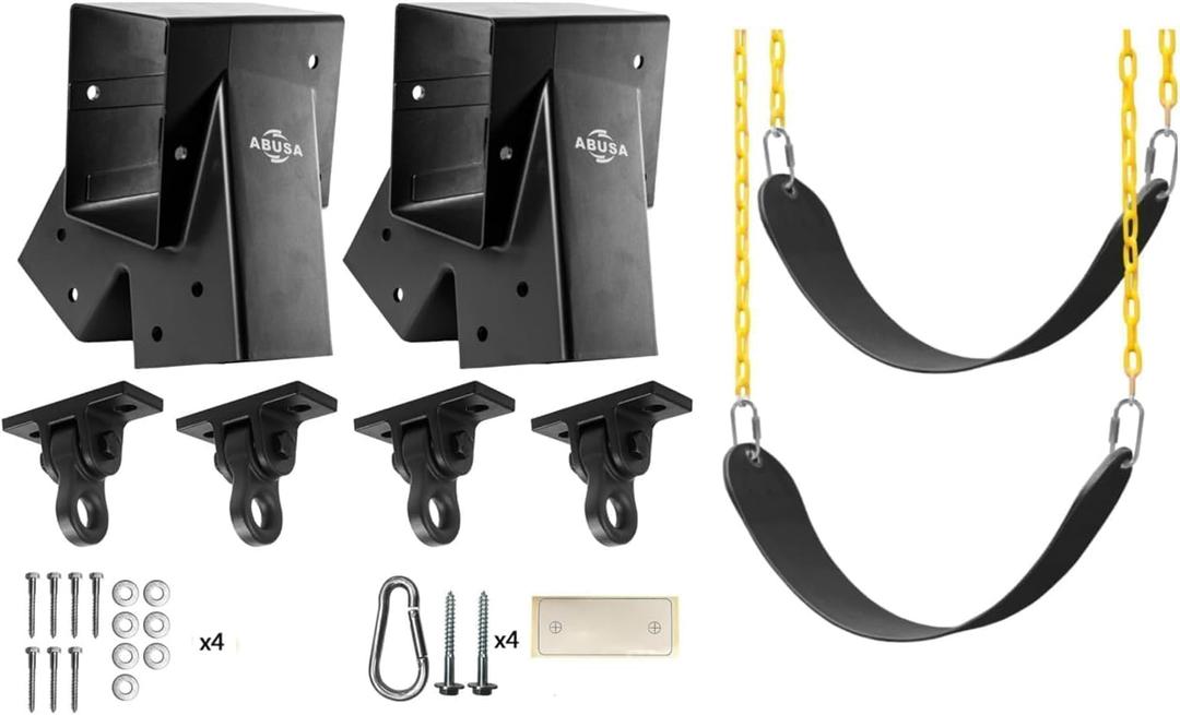 Heavy Duty Children Swing Set Hardware Replacement Kit Including 2 Swing Brackets 4 Swing Hangers 2 Black Swing Seats for Outdoor Play Sets Playground Equipment Parts Hardware Included (H2SB)