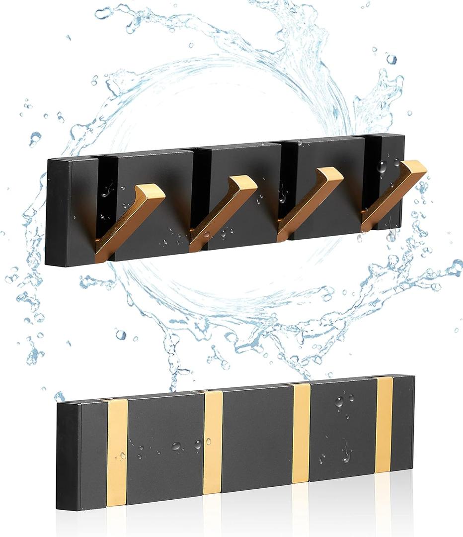 2 PackWaterproof Towel Hooks for BathroomFoldable Black Gold Coat HooksFree PerforatedWall Hooks for CoatBlack Towel HookRobe Hookfor BalconyKitchen.